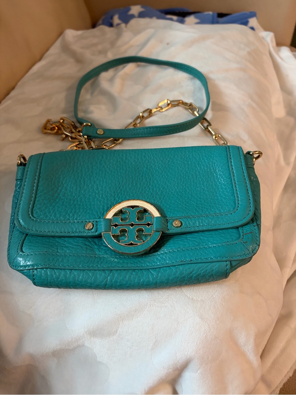 Tory Burch Teal Leather Crossbody Bag with Chain Strap